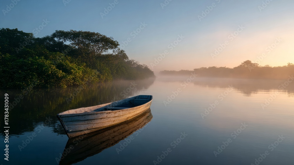 Obraz premium Tranquil dawn embraces a solitary skiff on misty waters, evoking Moonday reflections and Zen-like serenity