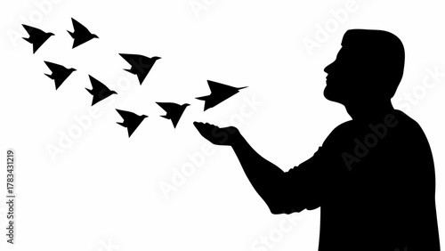 Empowering freedom: Silhouette of man releasing birds, symbolizing hope and new beginnings, originally vector art