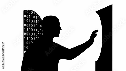 Futuristic silhouette touches binary code, representing artificial intelligence and digital transformation era