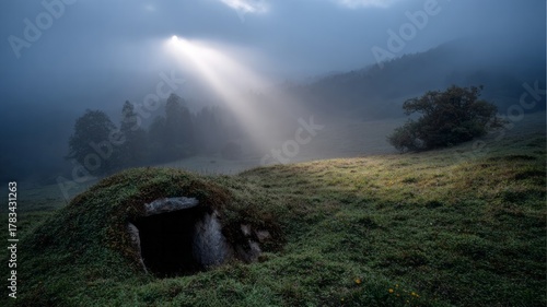 Ethereal moonbeam bathes ancient mossy burrow, whispering Celtic Samhain legends and secret midsummer solstice dreams beneath the mist