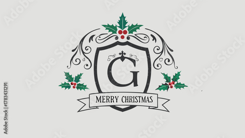 Elegant crest with letter g holly berries and merry christmas banner festive holiday design