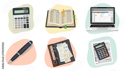 Accounting and finance icons calculator notebook laptop pen binder and receipt