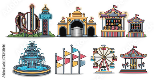 Amusement park elements illustration rollercoaster ferris wheel carousel and more