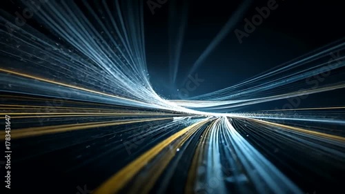 Abstract blue and gold light trails creating a dynamic futuristic tunnel