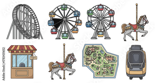 Amusement park elements roller coaster ferris wheel carousel and map