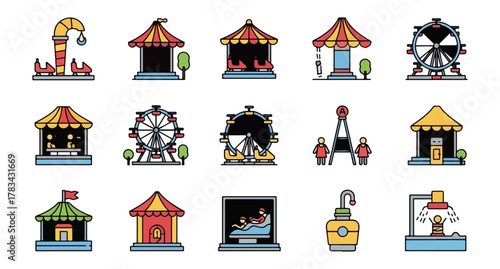 Amusement park icon set carnival ride illustrations on black background