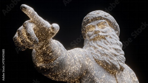 Glittering cosmic Santa sculpture sparkles under stardust, invoking elfish wonder at Yule celebrations and Diwalis radiant glow