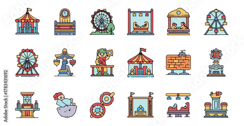 Amusement park icons set carnival fairground attractions isolated design