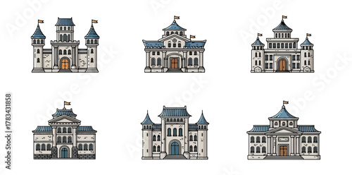 Architectural illustrations of various building facades vector graphics