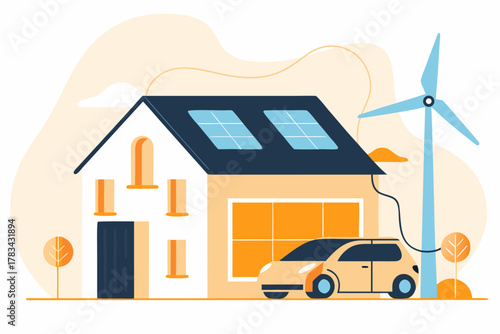 Nowoczesny dom zasilany zieloną energią. Koncepcja zrównoważonego życia, fotowoltaika, turbina wiatrowa i elektromobilność.