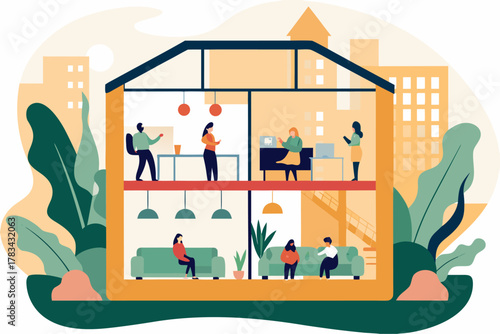 Nowoczesne wspólne biuro w przeszklonym domu, ludzie pracują i odpoczywają w przyjaznej przestrzeni.