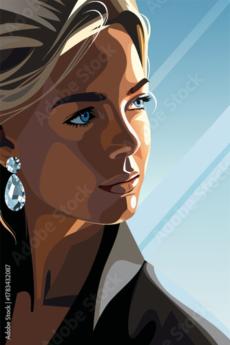 Elegancka kobieta o niebieskich oczach w świetle słońca, stylowy portret wektorowy.