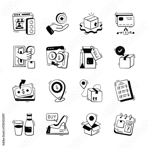 Download this creatively crafted shopping and ecommerce hand drawn icons