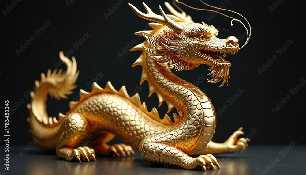 Obraz premium Golden Chinese dragon statue sits majestically against dark backdrop. Intricate scales, sharp claws, and flowing mane suggest power, wisdom, and good fortune, ideal for cultural or festive themes.