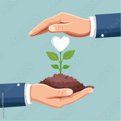 Dwie dłonie chroniące młodą roślinę z białym sercem, koncepcja troski i wsparcia.