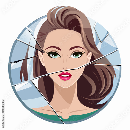 Piękna kobieta w rozbitym lustrze, symbol zranionego wizerunku i kruchej samooceny.