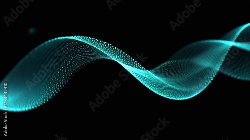 Dynamic glowing teal particle wave ribbon against a dark background