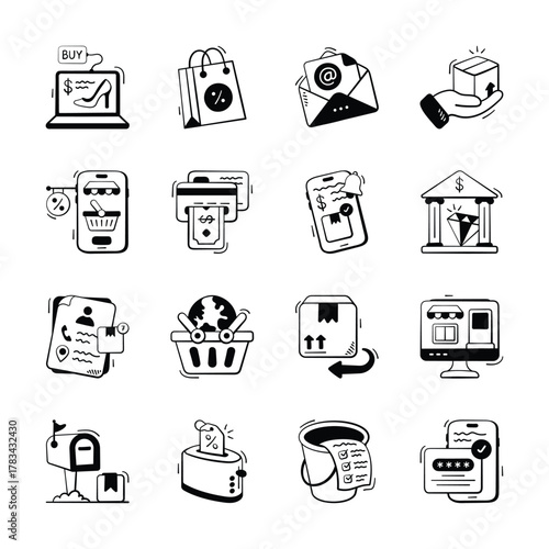 Grab this trendy online shopping and delivery hand drawn doodle icons set