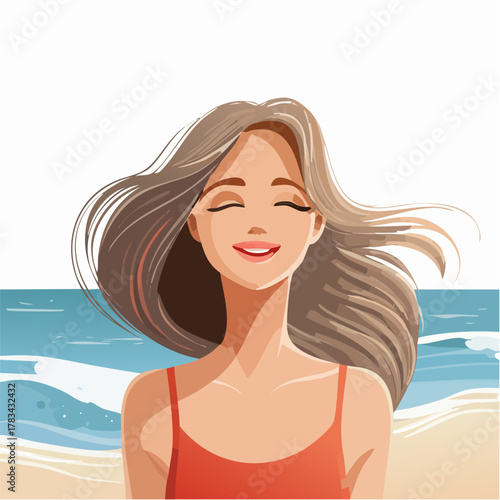 Uśmiechnięta kobieta z rozwianymi włosami nad morzem, radosny letni dzień na plaży.