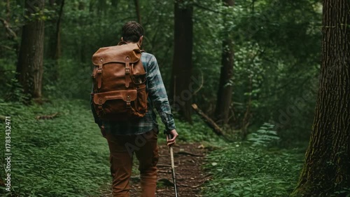 Person hiking in forest carrying backpack exploring nature