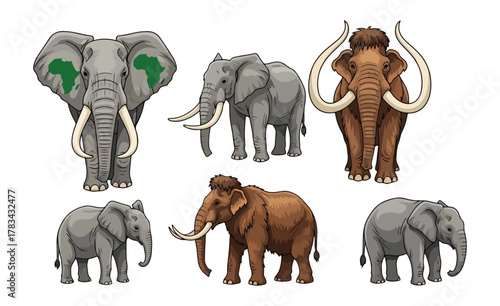 Cartoon illustrations of elephants and woolly mammoths on black background