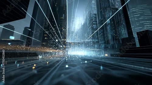 Futuristic digital city with glowing lines, abstract architecture, network concept