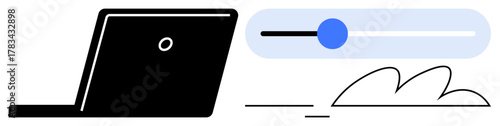 Laptop beside sliding progress indicator and abstract motion lines. Ideal for productivity, efficiency, progress tracking, technology, workflow management, minimalism, simple flat metaphor