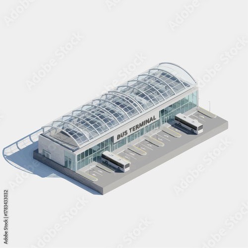 Isometric 3D Bus Terminal Building Vector – Modern Transport Architecture on White