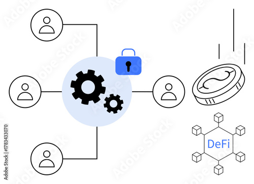 Gears connected to people, lock symbolizing security, falling coin, blockchain nodes labeled DeFi. Ideal for blockchain, finance, technology, collaboration, decentralization security investment