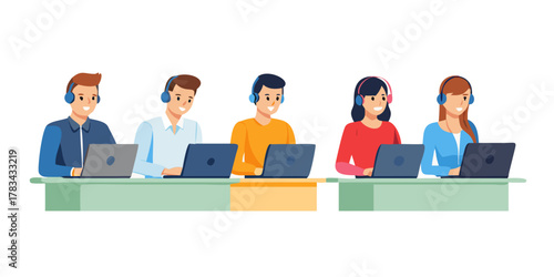 Women and men in headphones with laptop. Customer support operator team vector illustration isolated