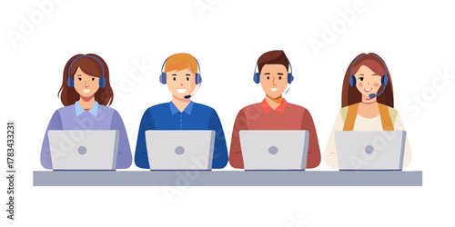 Women and men in headphones with laptop. Customer support operator team vector illustration isolated