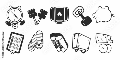 Collection of sketched travel and vacation icons including luggage, slippers, and a piggy bank image