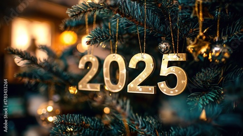 Glowing 2025 Ornamented Evergreen Christmas Tree for New Year Celebration with Blurred Background