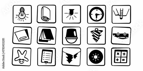 Collection of fifteen hand drawn style icons in square frames featuring various everyday objects and symbols