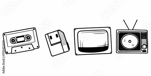Illustration of a cassette tape, game cartridge and two televisions in black and white outline style