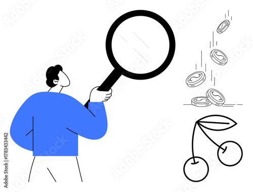 Man examining details with magnifying glass, coins symbolizing financial gains, and cherries for growth. Ideal for research, analysis, finance, success, opportunities, problem-solving simple flat