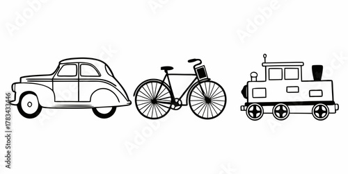 Illustration of vintage car, bicycle, and train engine in black and white outline style drawing design