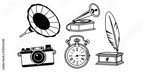 Illustration of vintage objects including a gramophone camera clock and feather pen with inkwell