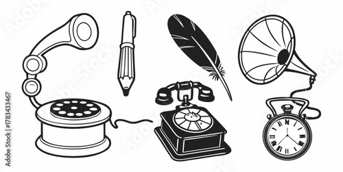 Illustration of vintage communication and writing tools including a phonograph and a quill pen