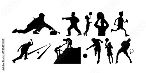 Dynamic sports silhouettes showcase teamwork, athleticism, competition, and skill in climbing, bowling, curling, badminton, and martial arts action