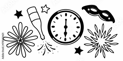 Illustration of a clock at midnight with champagne bottle, mask, stars and fireworks elements