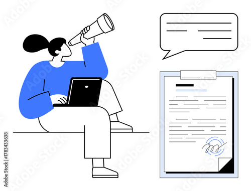 Woman sitting with laptop, viewing through telescope, speech bubble overhead, and signed document beside her. Ideal for vision, exploration, research, planning, contracts communication simple flat