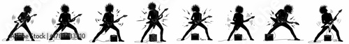 Eight black silhouettes of energetic rock guitarists in dynamic poses, playing electric guitars with amps, symbolizing heavy metal music and performance.