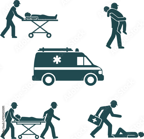 Flat vector silhouettes showing rescue teams, paramedics, and first aid responders in emergency action. Simplified solid color silhouettes with no gradients. Ideal for safety posters, hospital designs