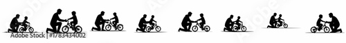 Black silhouettes depicting a father teaching his child to ride a bicycle, symbolizing parental guidance, support, and a memorable childhood milestone.