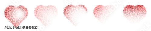 Noise spray red heart set. 3D hearts gradient with dots. Collection of love symbols with grainy effect. Dot dissolve texture. Stipple vector pattern
