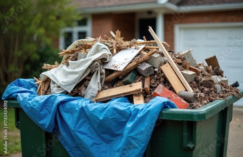 Green skip bin overflowing with construction debris. Old wooden planks concrete blocks and fabric waste fill the container. House renovation project in progress is happening in a yard.