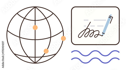 Globe with connection points beside a stylized signature and pen. Ideal for digital security, remote work, e-documents, global business, automation, online transactions, simple flat metaphor