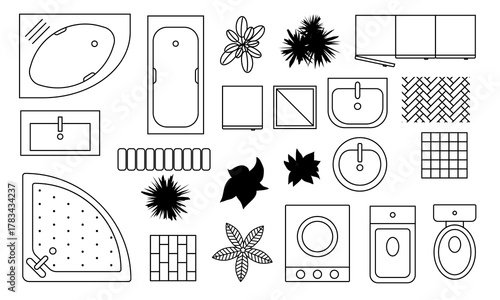 Modern bathroom interior elements vector set. Furniture outline top view. CAD drawings 