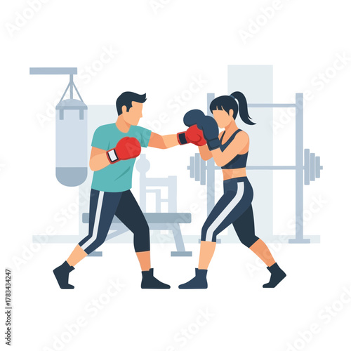 Man and woman boxing with gloves in a gym setting training together.